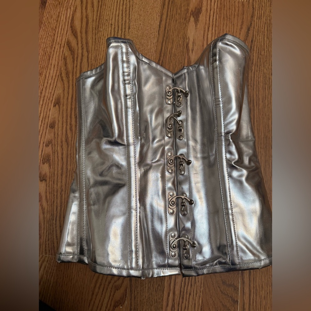 Burleska silver faux leather corset with heavy metal fasteners